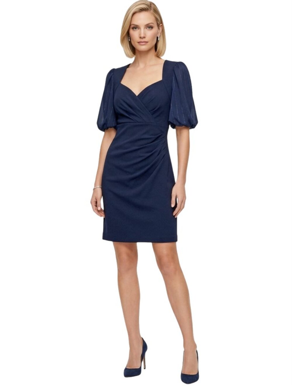 DKNY Mixed Media Sheath Cocktail Dress Gold Metallic Thread Detail Puff Sleeve